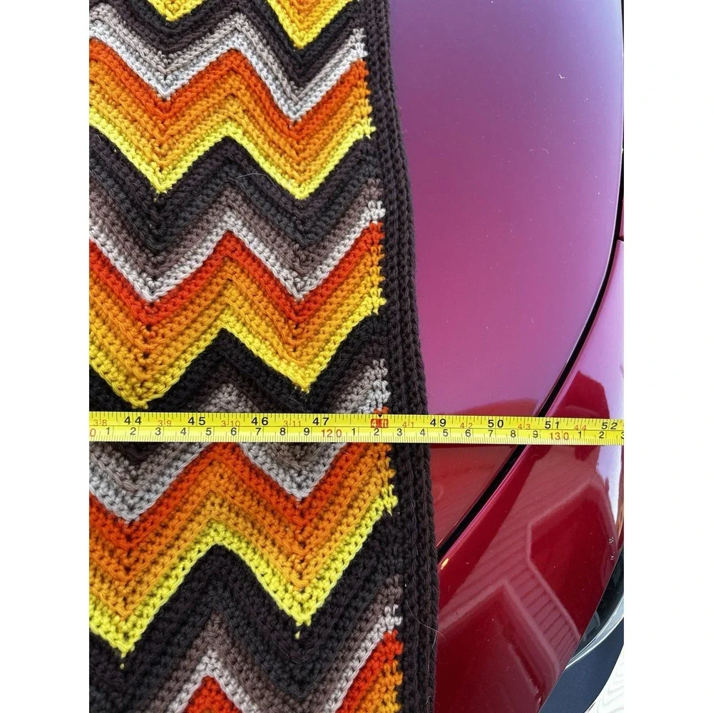 Vintage Crochet Chevron Afghan Throw 48x96 Brown Orange Gold Fringe